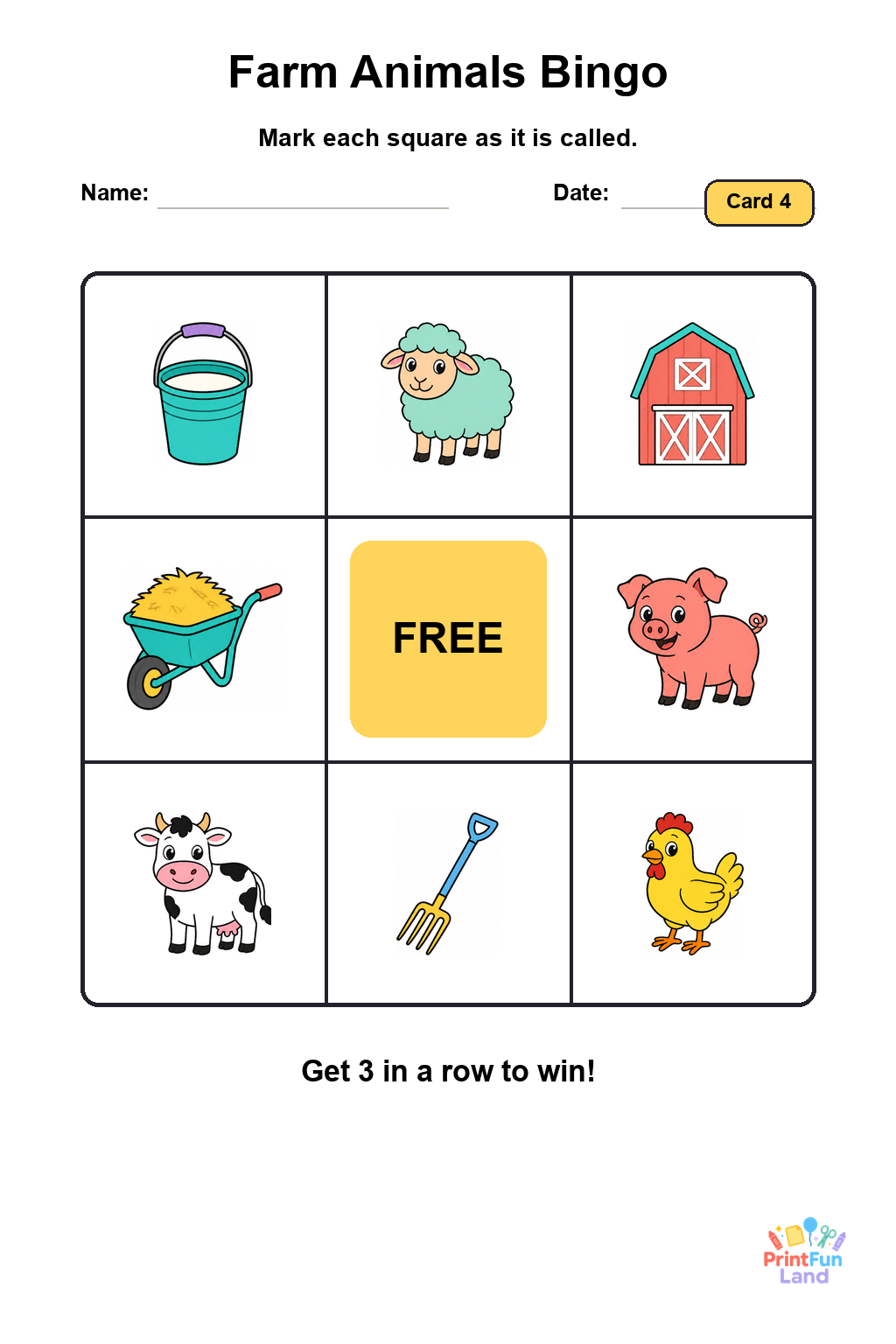 Farm Animals Bingo for Preschoolers printable page 4