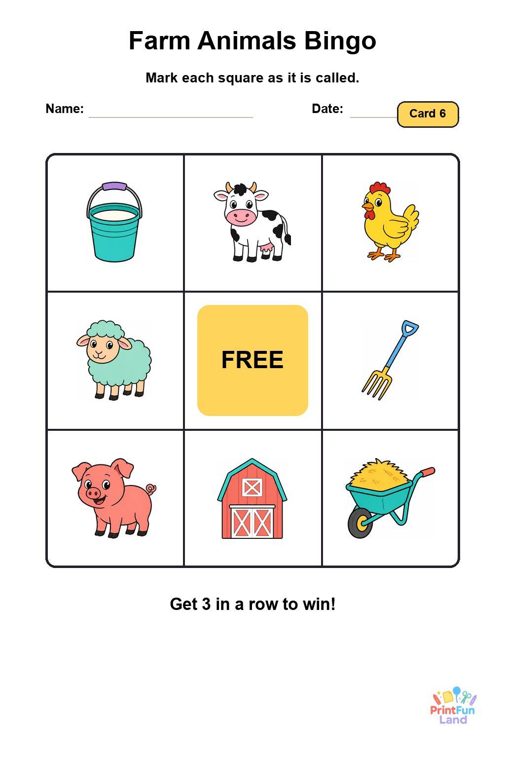 Farm Animals Bingo for Preschoolers printable page 6
