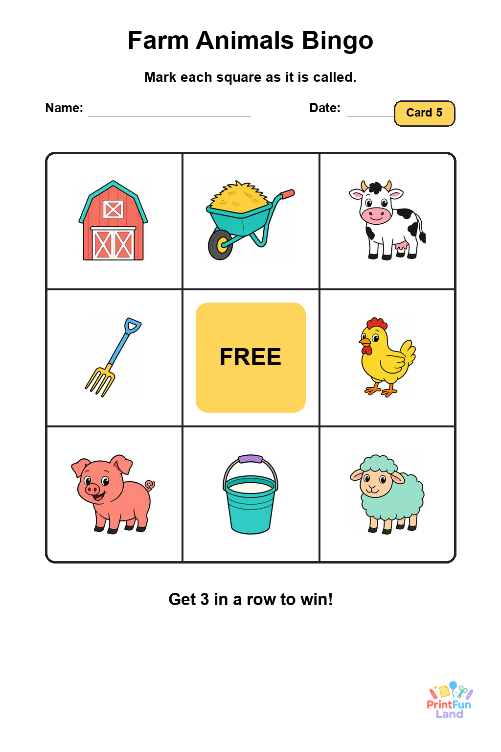 Farm Animals Bingo for Preschoolers printable page 5