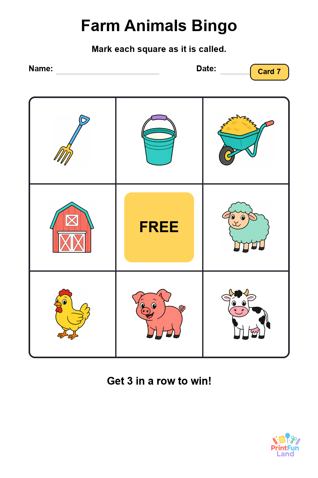 Farm Animals Bingo for Preschoolers printable page 7