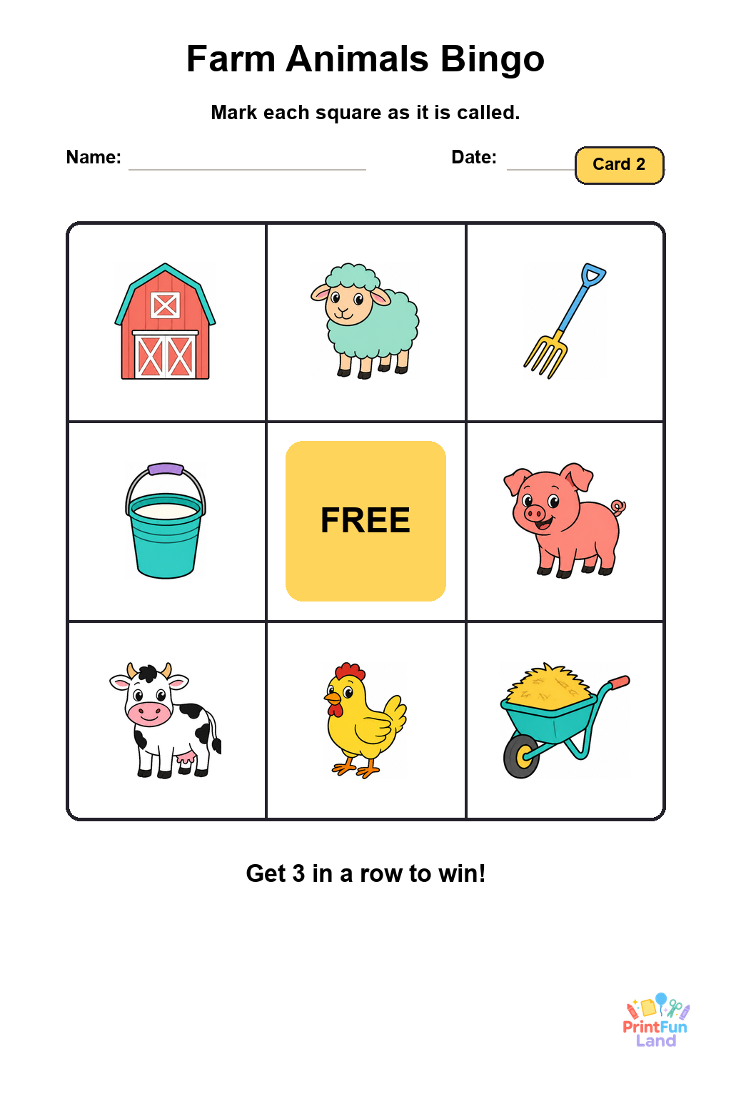 Farm Animals Bingo for Preschoolers printable page 2