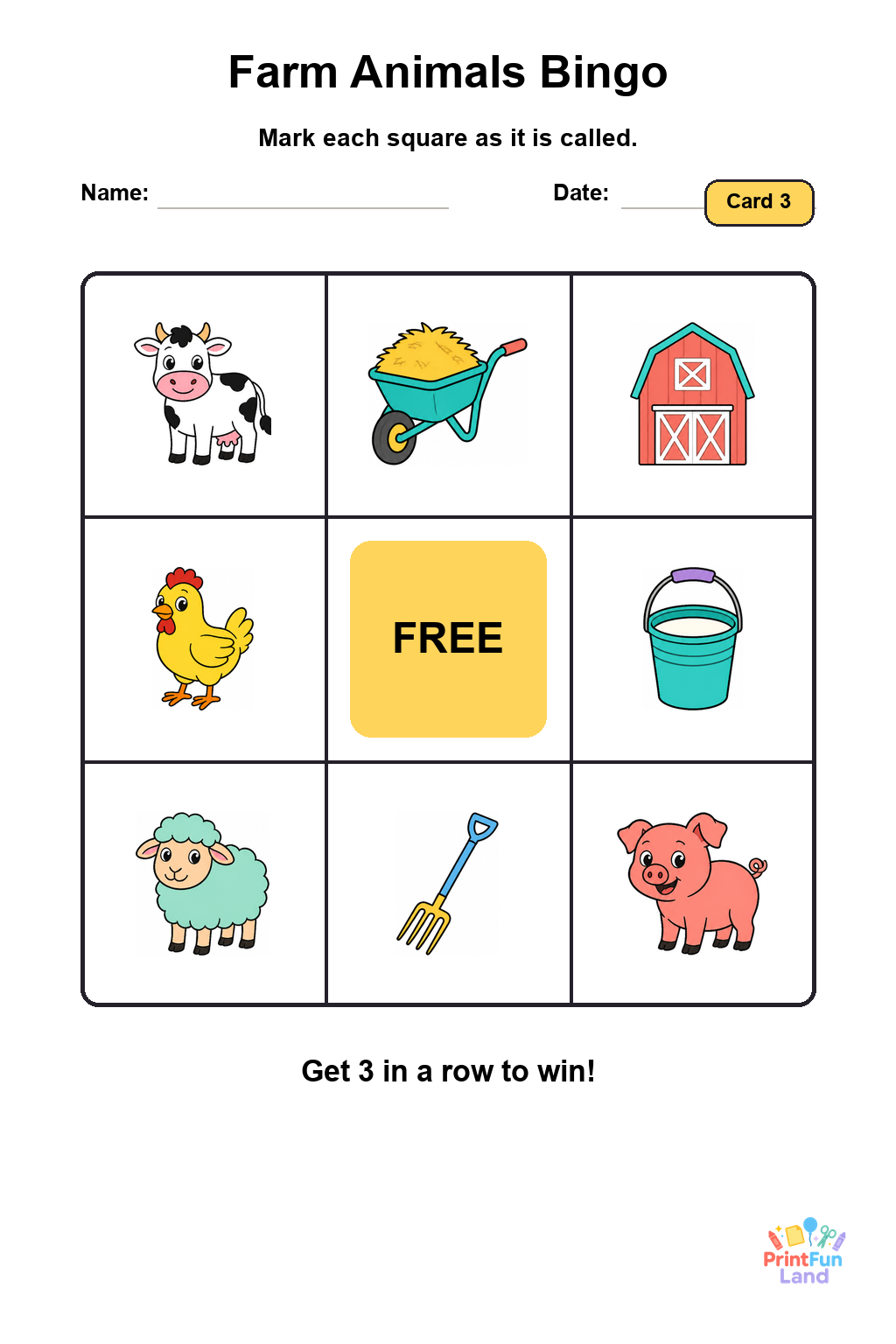 Farm Animals Bingo for Preschoolers printable page 3