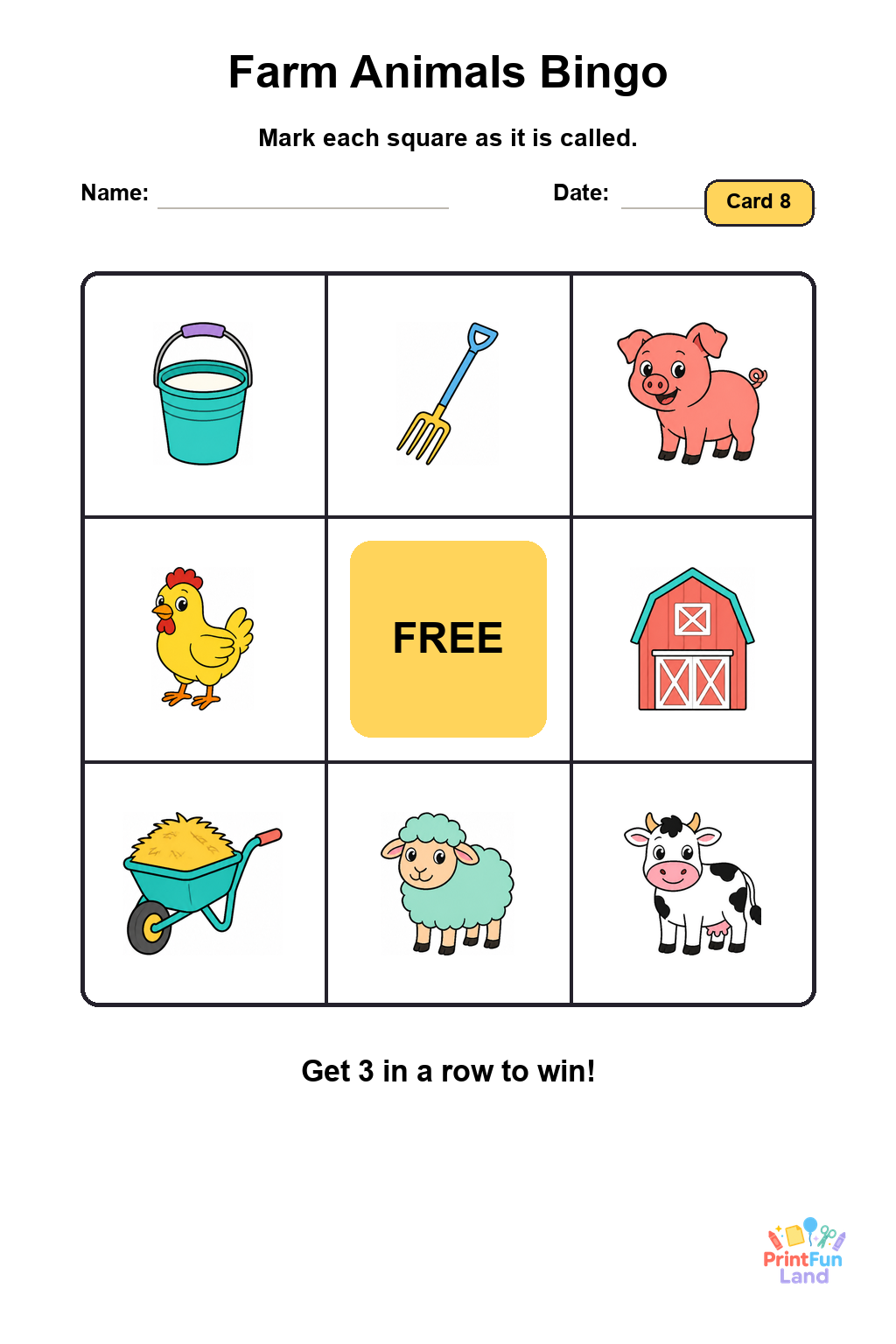 Farm Animals Bingo for Preschoolers printable page 8
