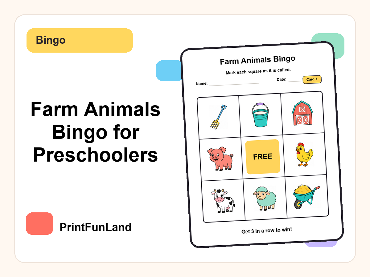 Farm Animals Bingo for Preschoolers printable preview