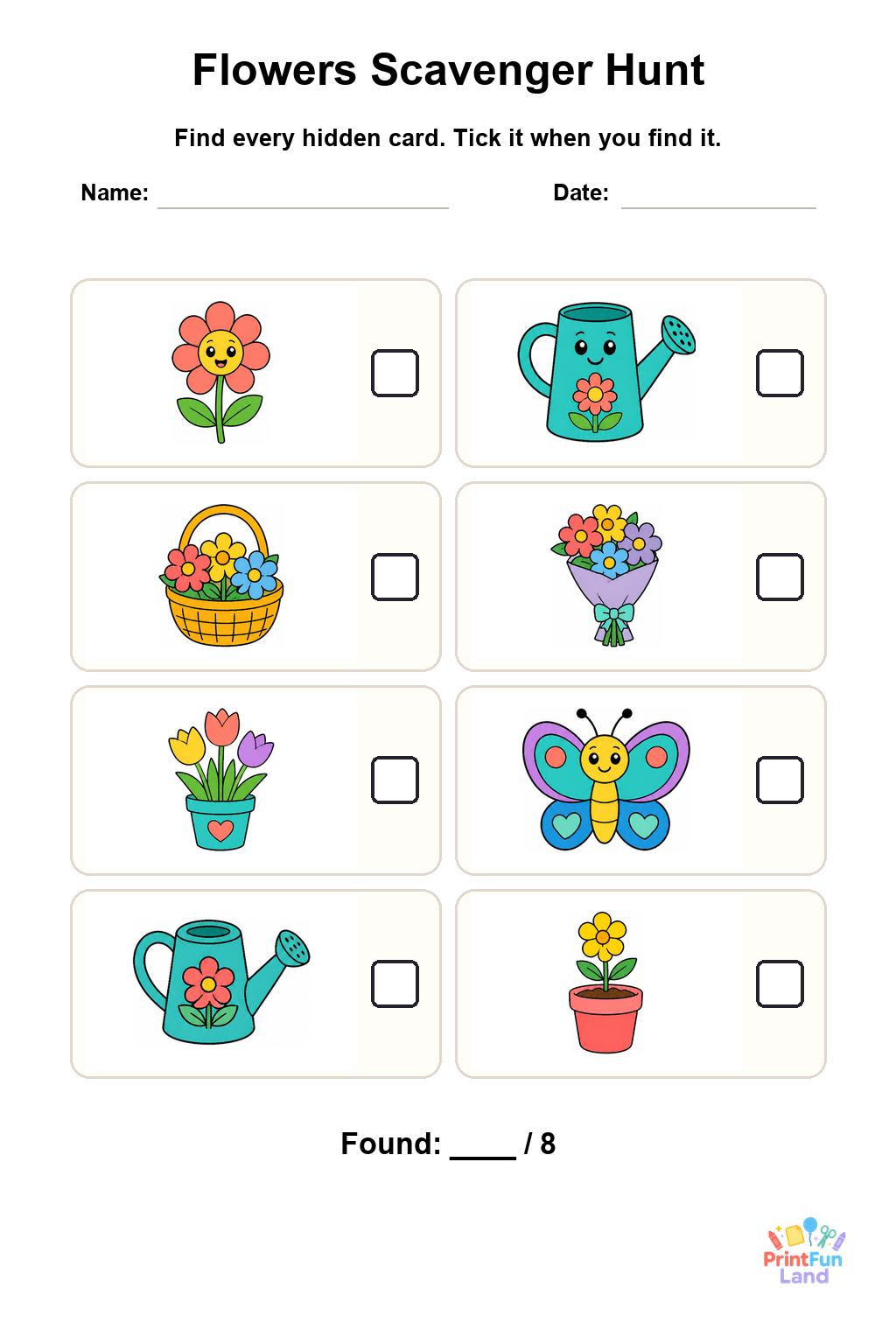 Flowers Scavenger Hunt for Preschoolers printable page 1