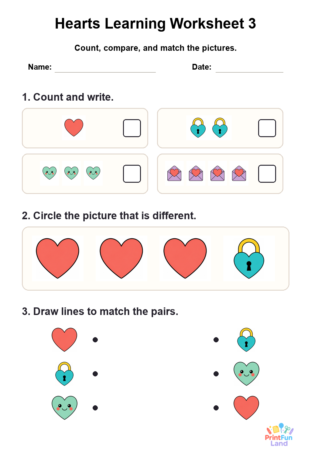 Hearts Worksheets for Preschoolers printable page 3