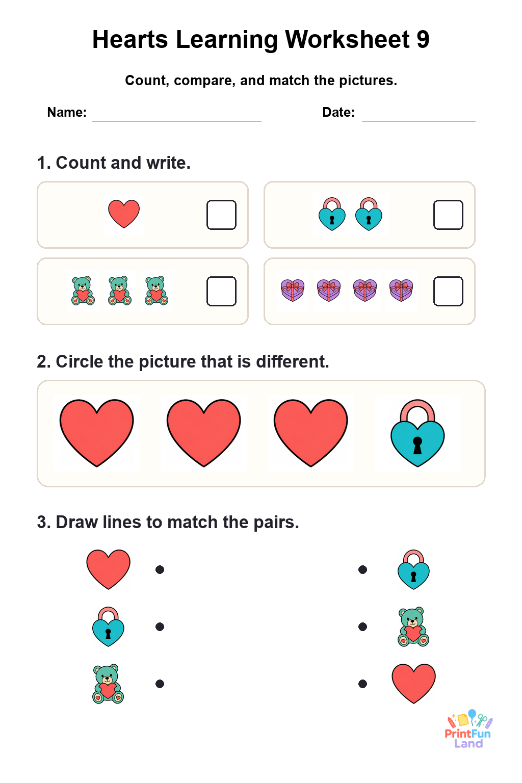 Hearts Worksheets for Preschoolers printable page 9