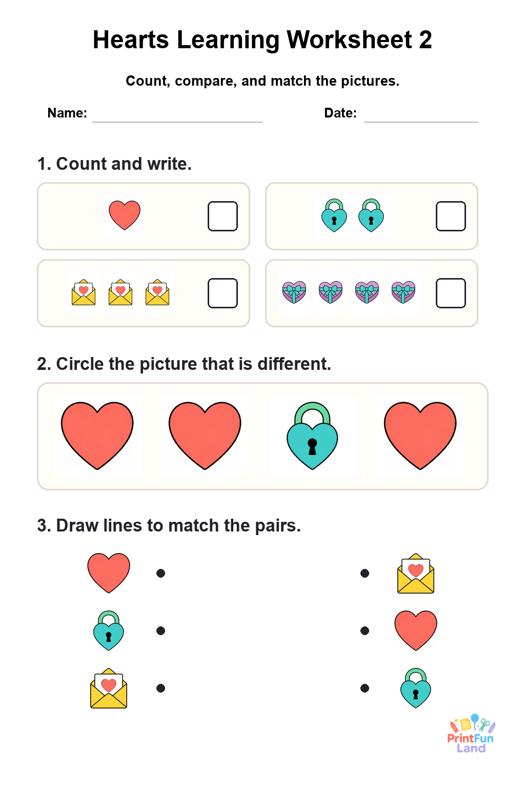 Hearts Worksheets for Preschoolers printable page 2