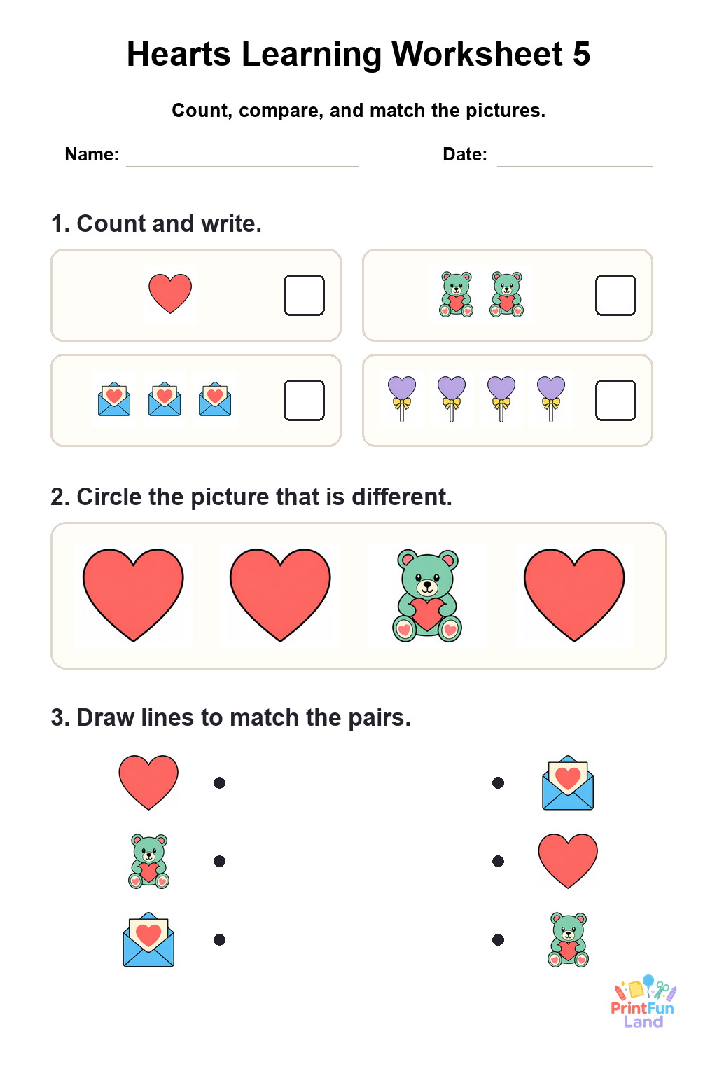 Hearts Worksheets for Preschoolers printable page 5