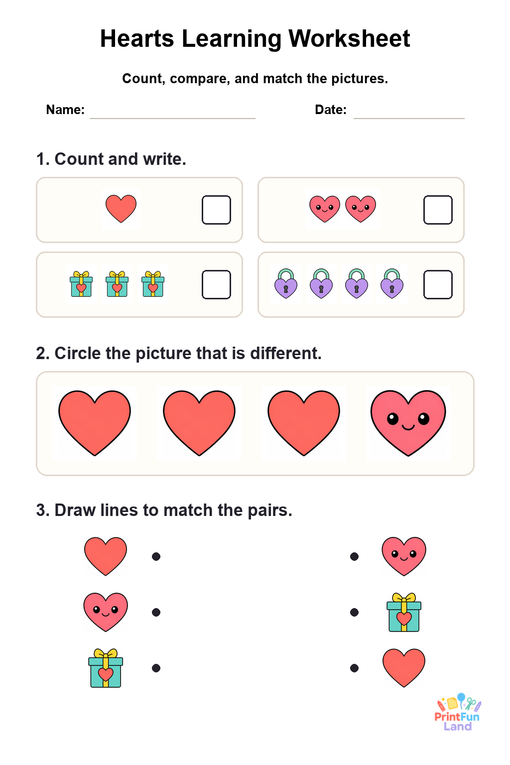 Hearts Worksheets for Preschoolers printable page 1