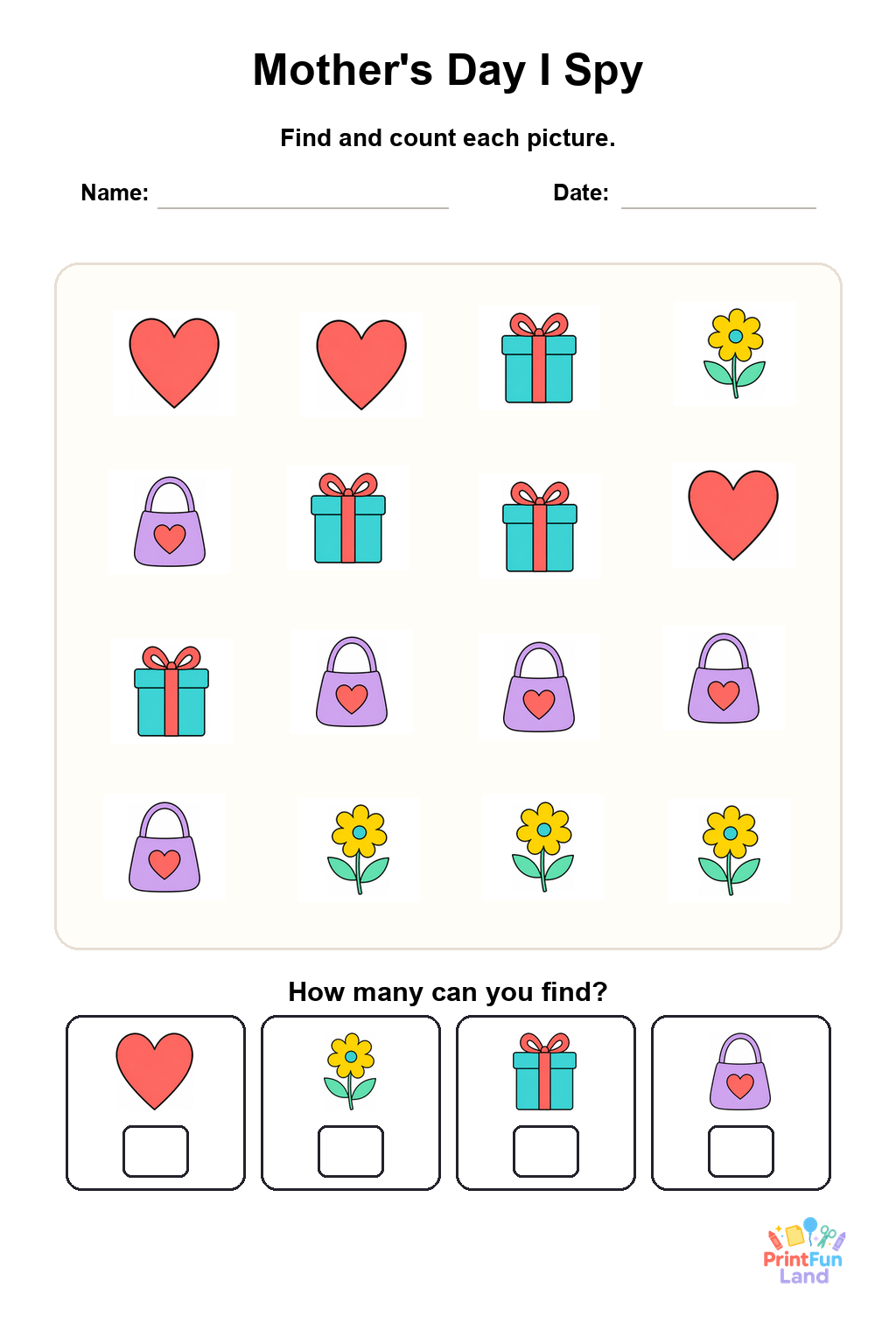 Mother's Day I Spy for Preschoolers printable page 1