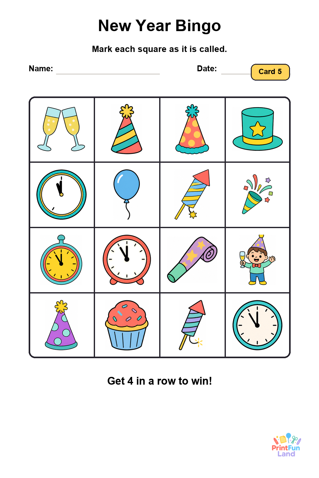 New Year Bingo for Preschoolers printable page 5