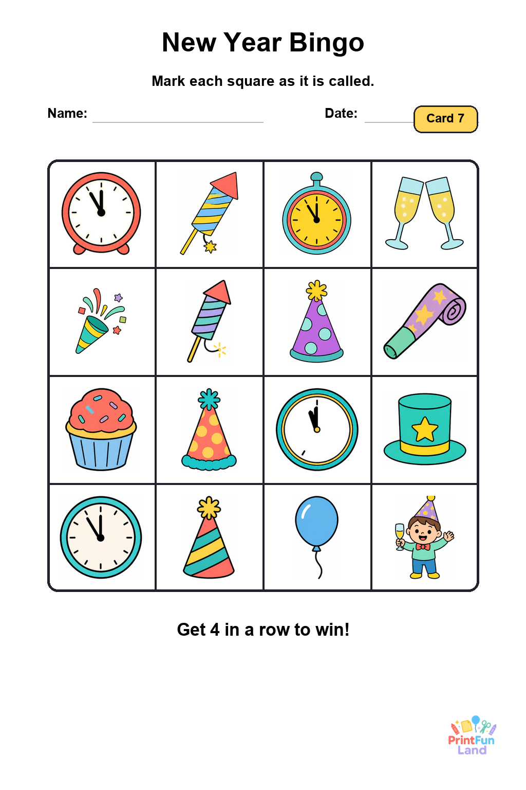 New Year Bingo for Preschoolers printable page 7