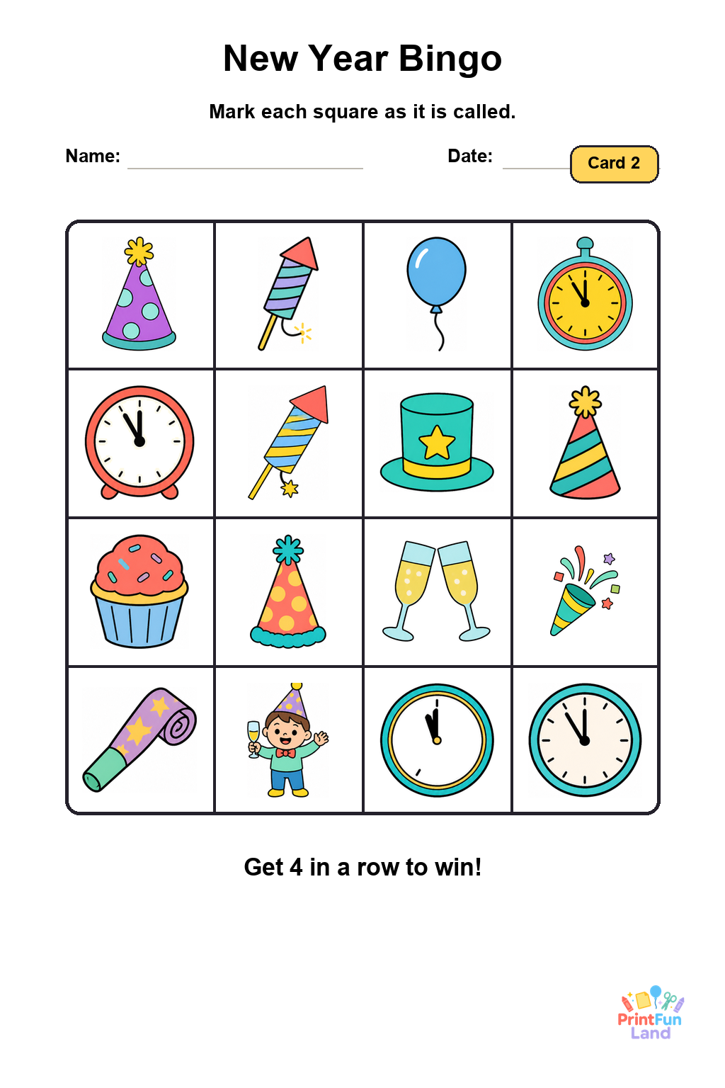 New Year Bingo for Preschoolers printable page 2