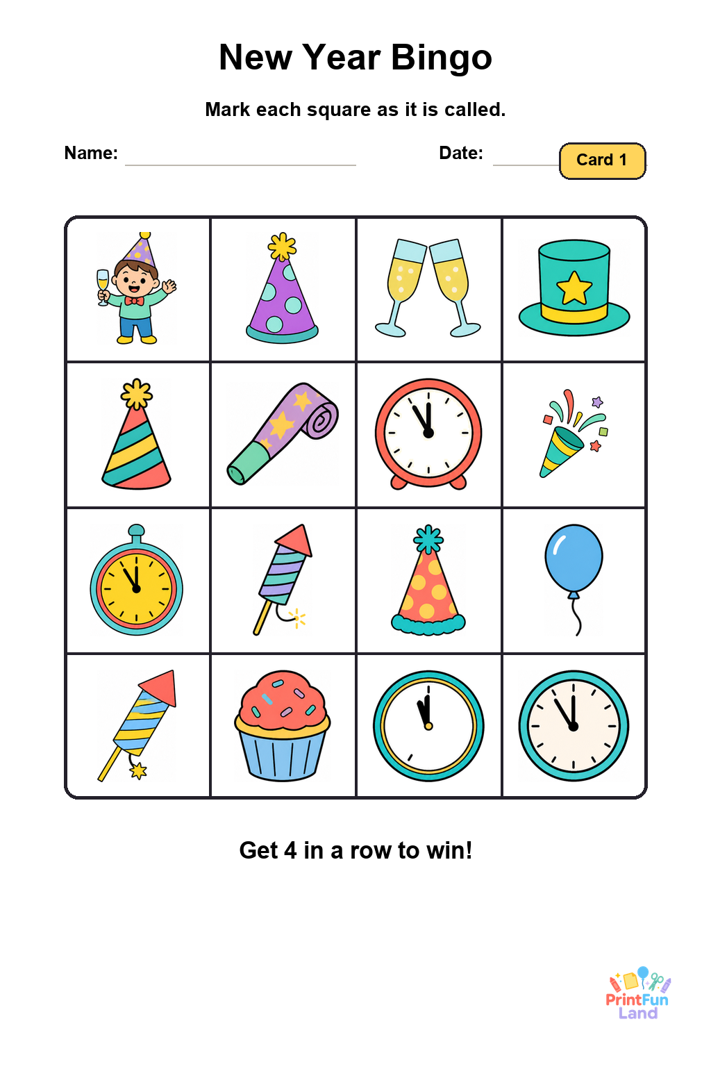 New Year Bingo for Preschoolers printable page 1