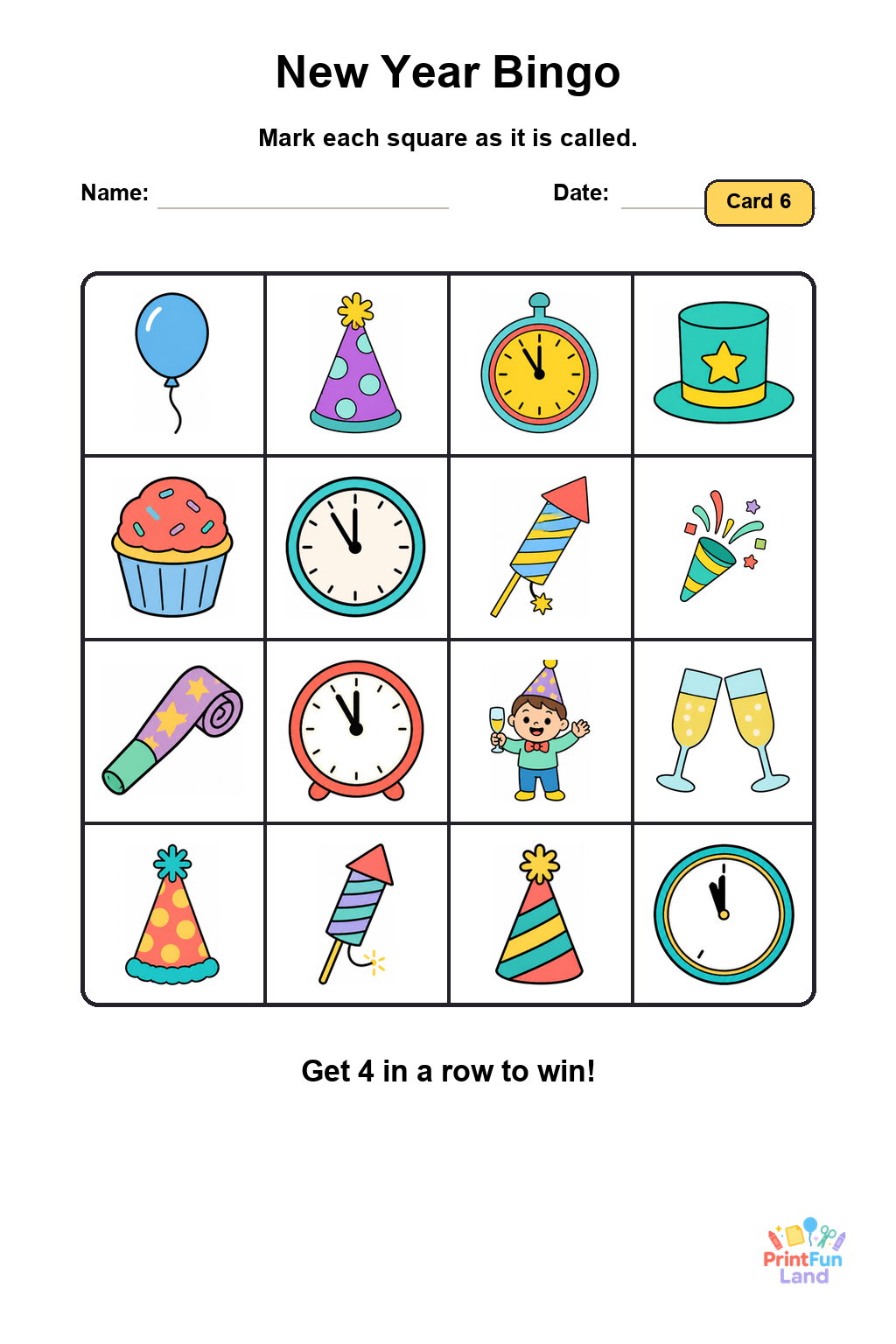 New Year Bingo for Preschoolers printable page 6