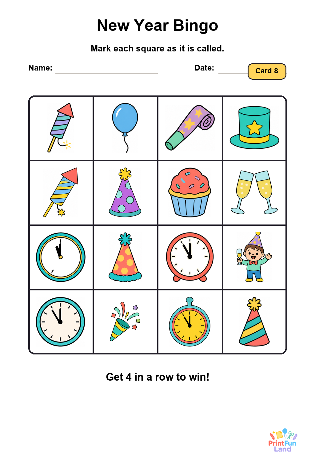 New Year Bingo for Preschoolers printable page 8