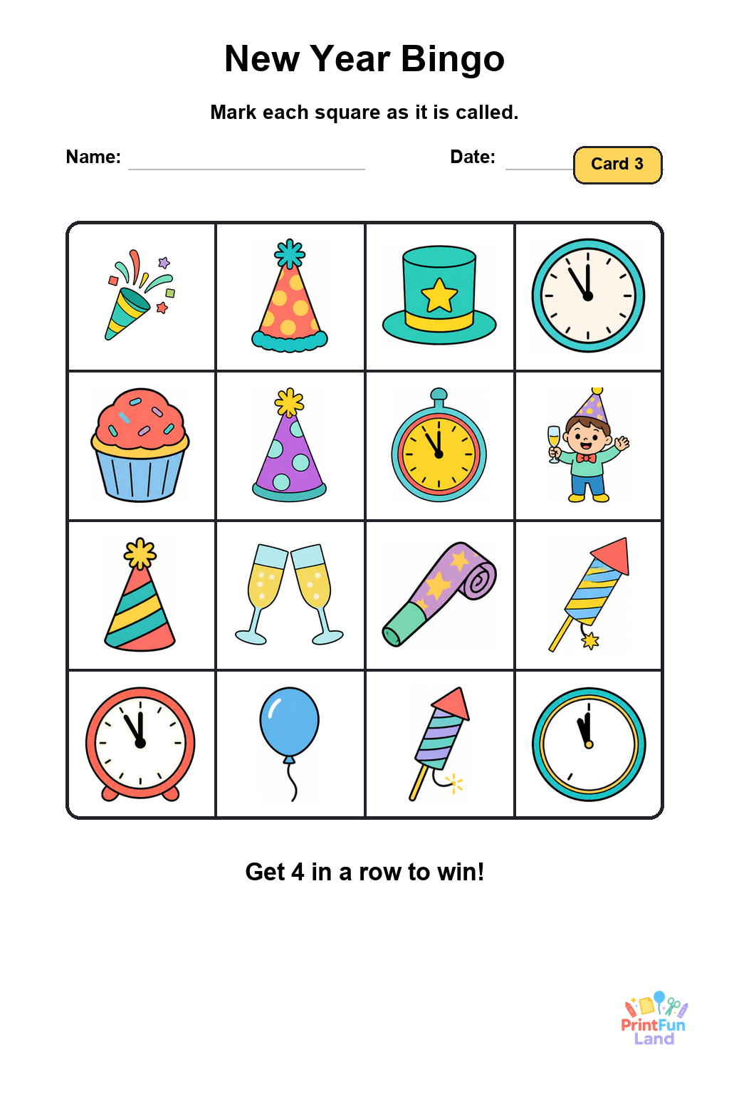 New Year Bingo for Preschoolers printable page 3