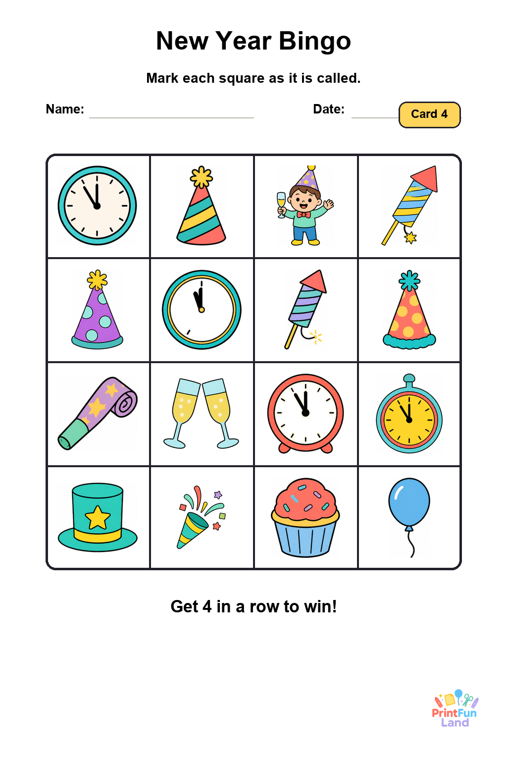 New Year Bingo for Preschoolers printable page 4