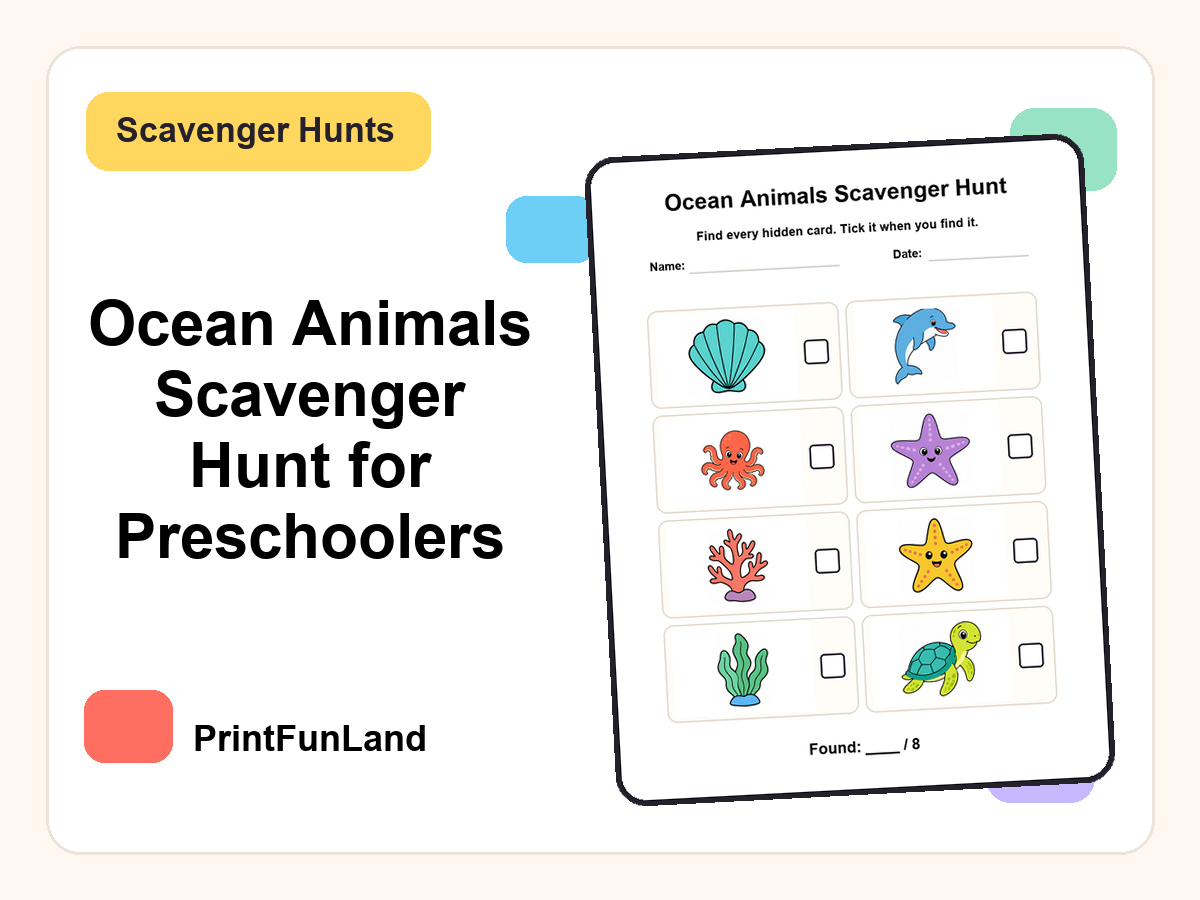 Ocean Animals Scavenger Hunt for Preschoolers printable preview