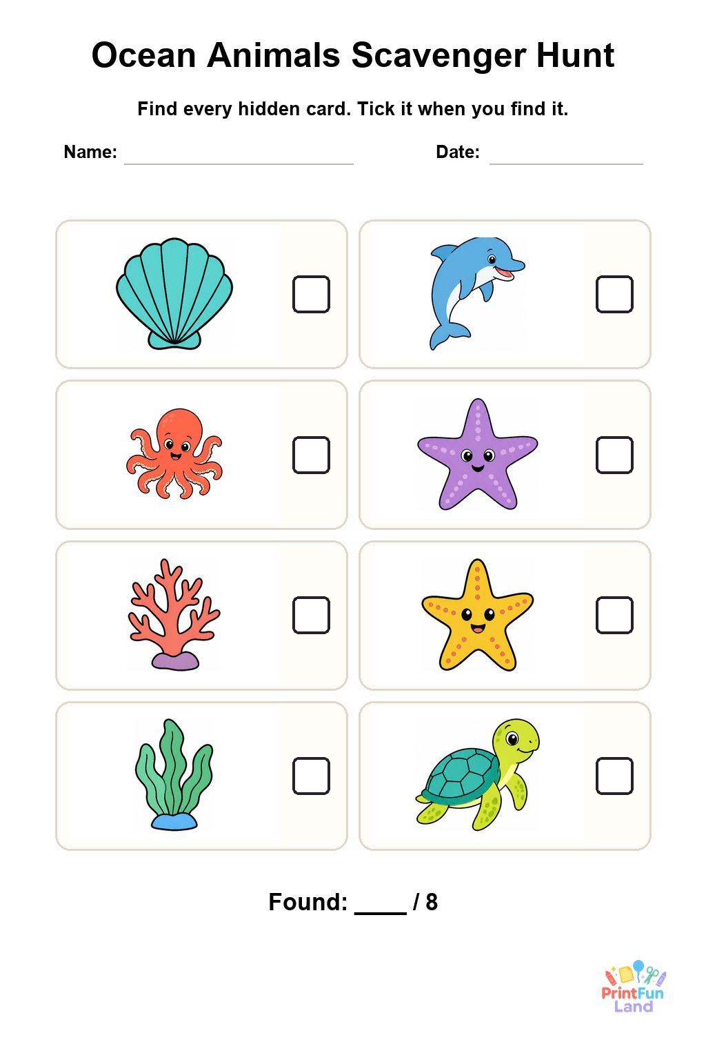 Ocean Animals Scavenger Hunt for Preschoolers printable page 1