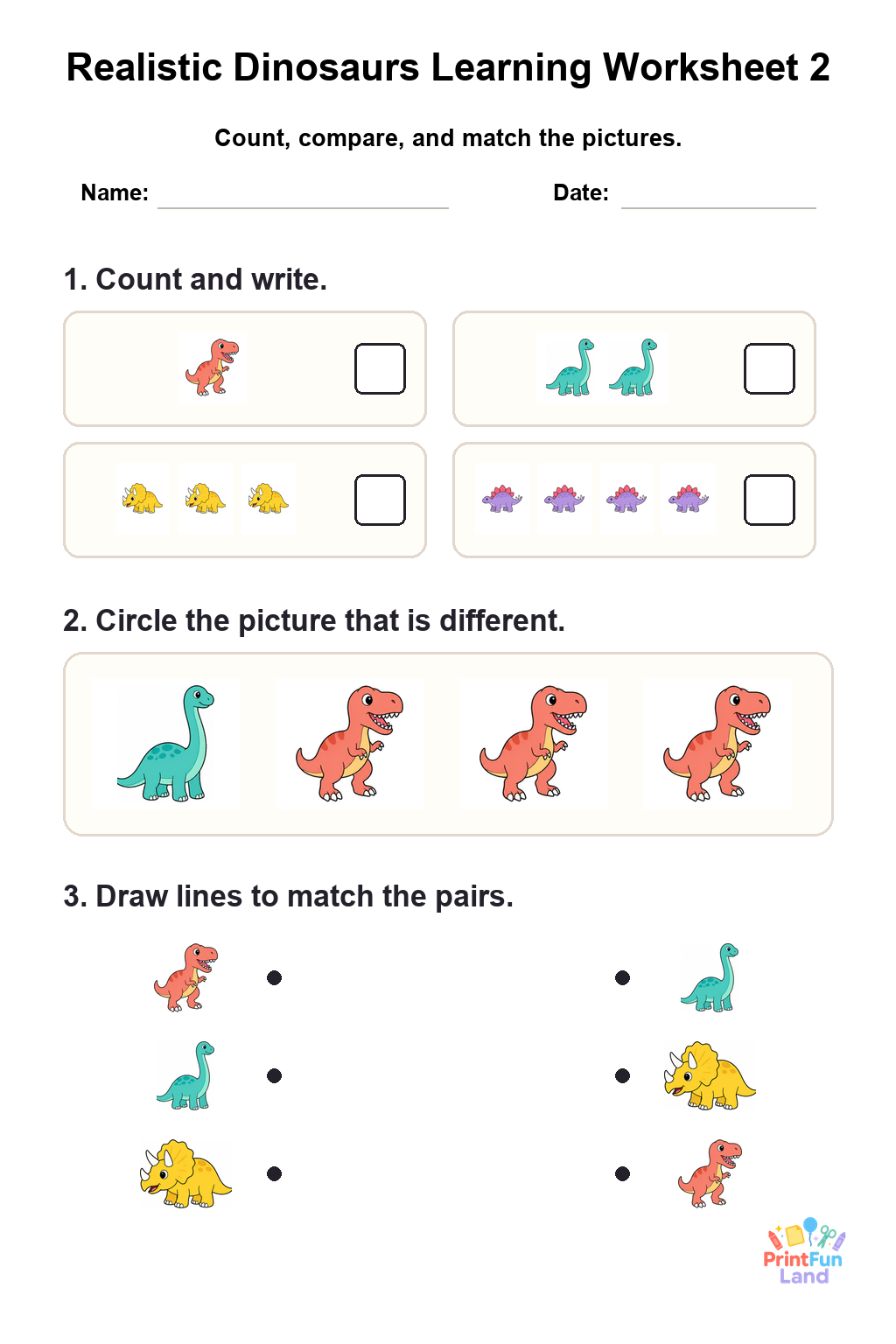Realistic Dinosaurs Worksheets for Preschoolers printable page 2