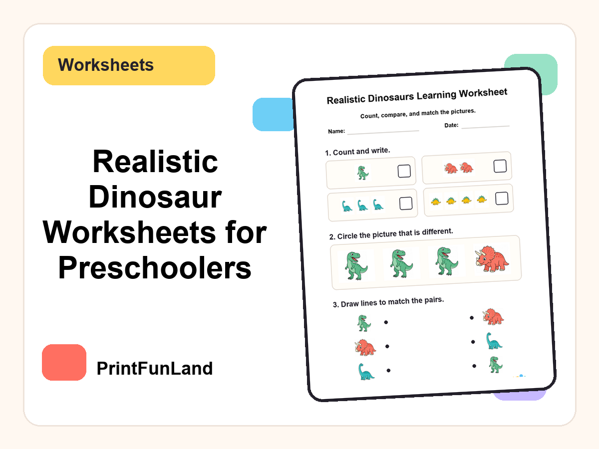 Realistic Dinosaurs Worksheets for Preschoolers printable preview