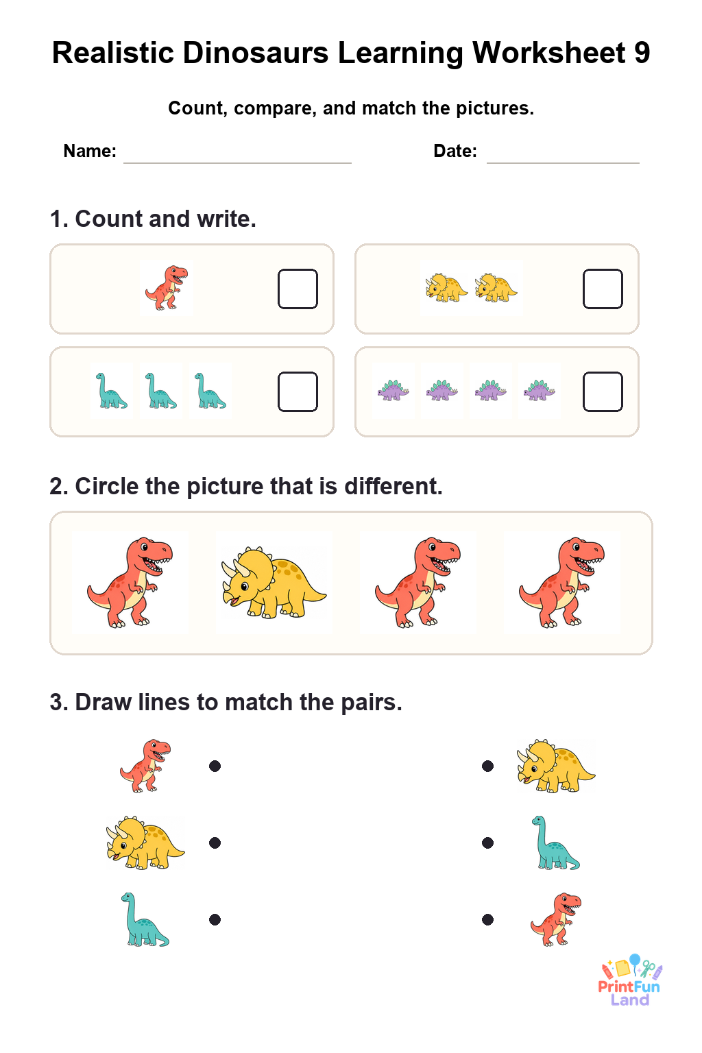 Realistic Dinosaurs Worksheets for Preschoolers printable page 9