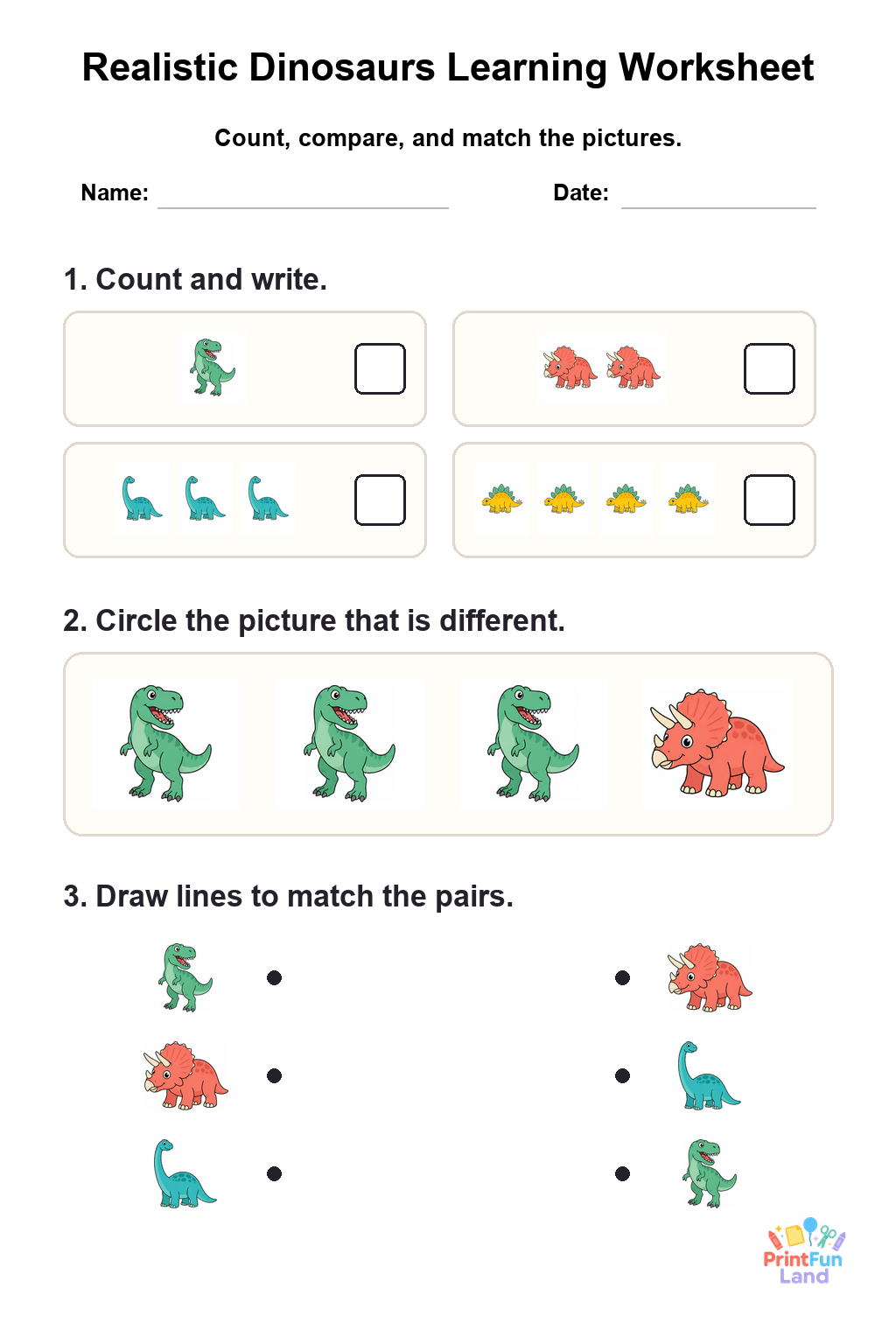 Realistic Dinosaurs Worksheets for Preschoolers printable page 1
