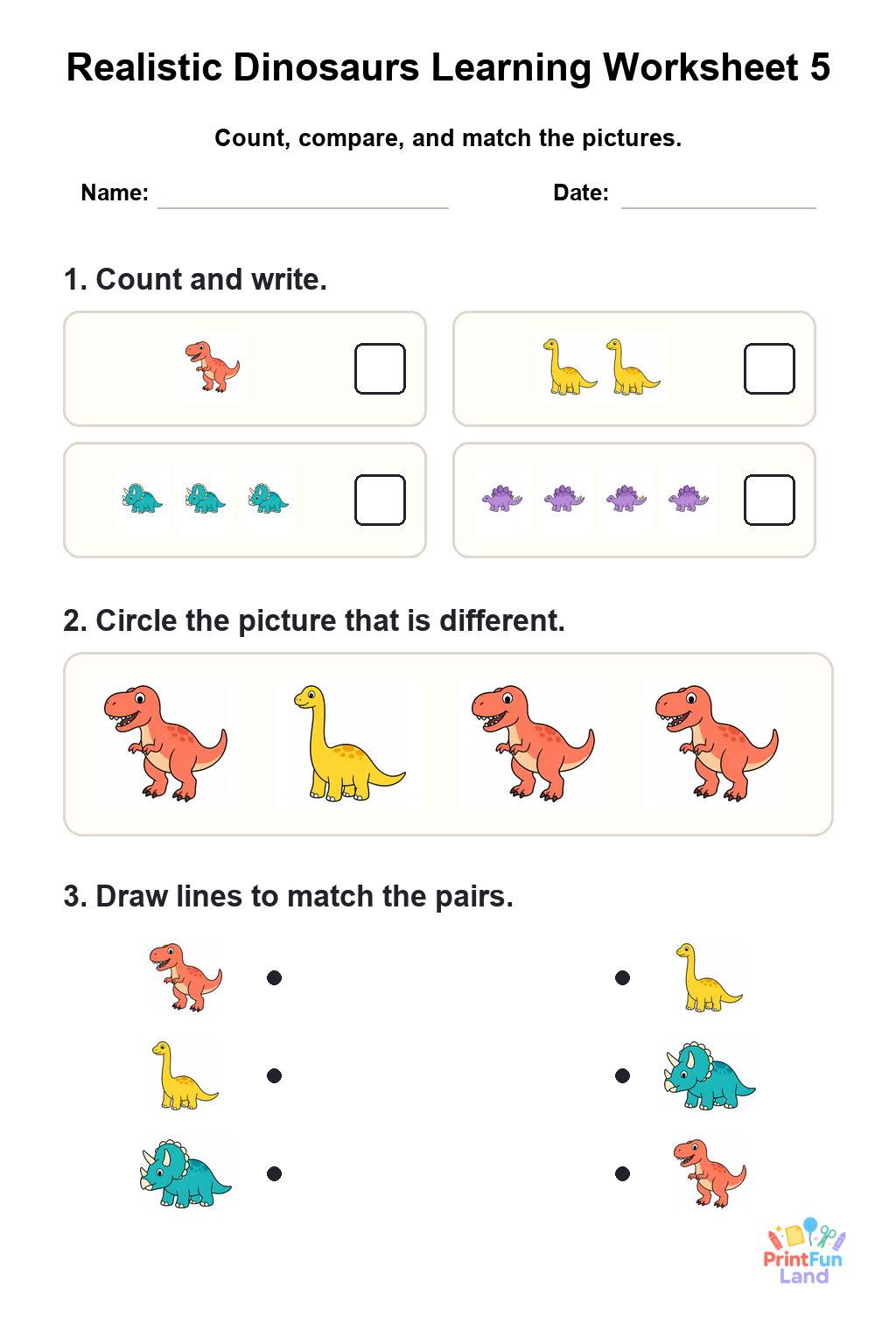 Realistic Dinosaurs Worksheets for Preschoolers printable page 5