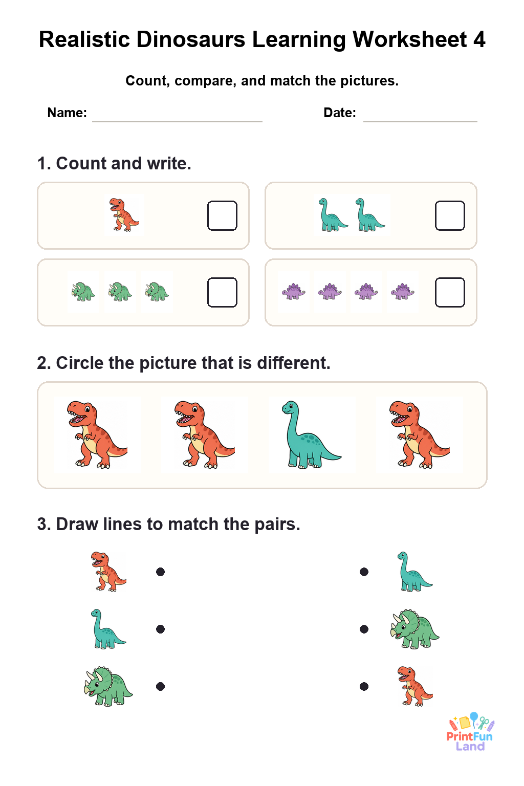 Realistic Dinosaurs Worksheets for Preschoolers printable page 4