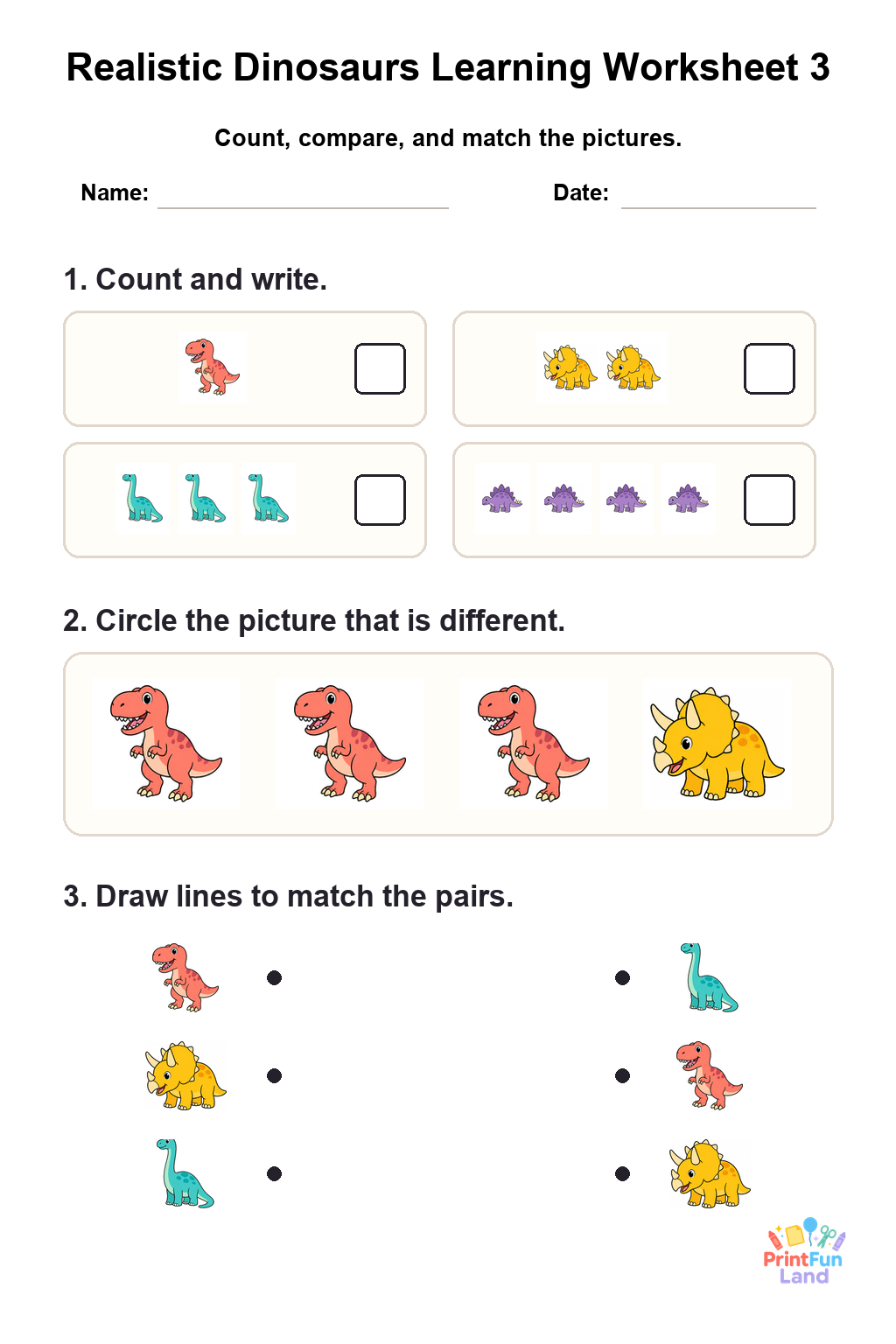 Realistic Dinosaurs Worksheets for Preschoolers printable page 3