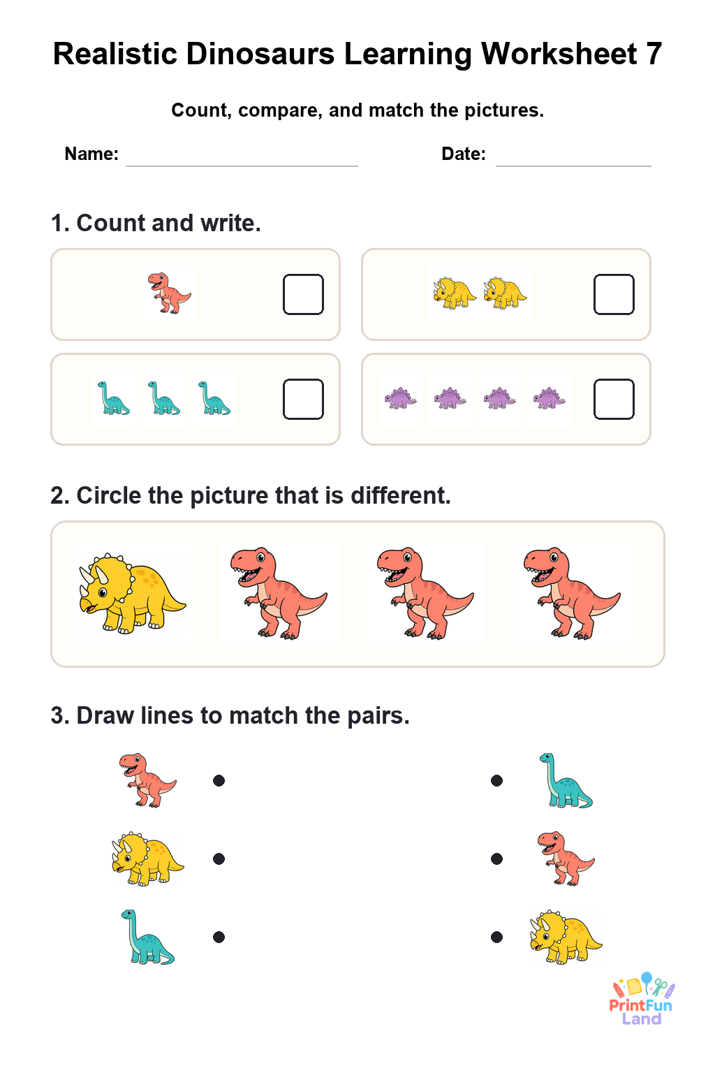 Realistic Dinosaurs Worksheets for Preschoolers printable page 7
