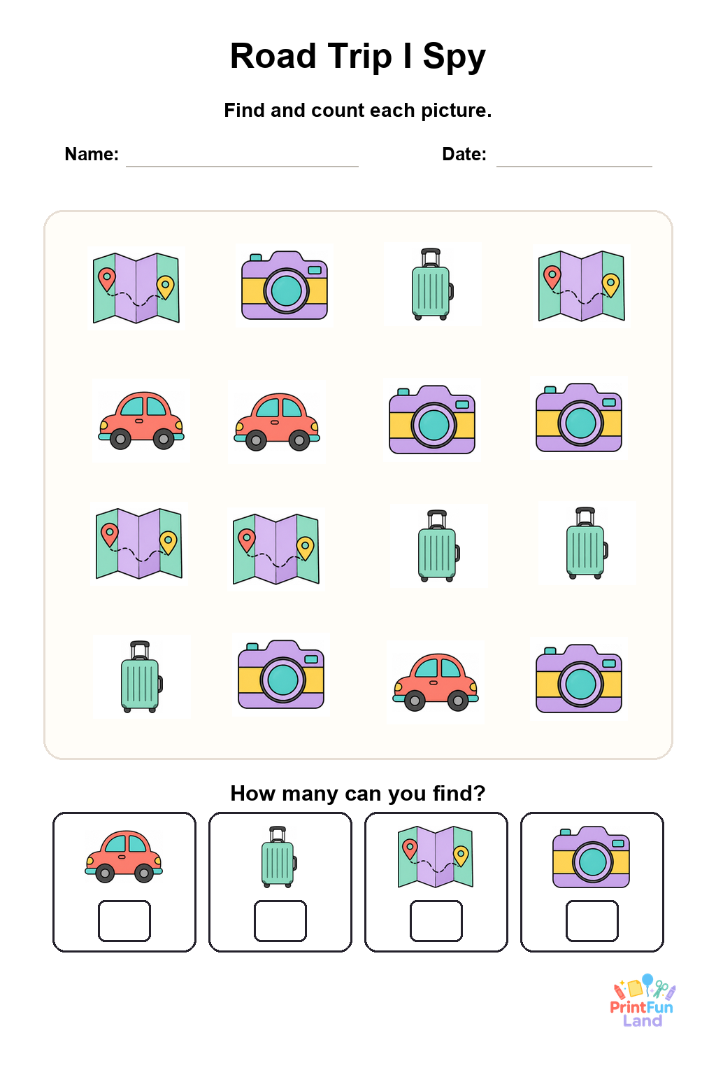 Road Trip I Spy for Preschoolers printable page 1