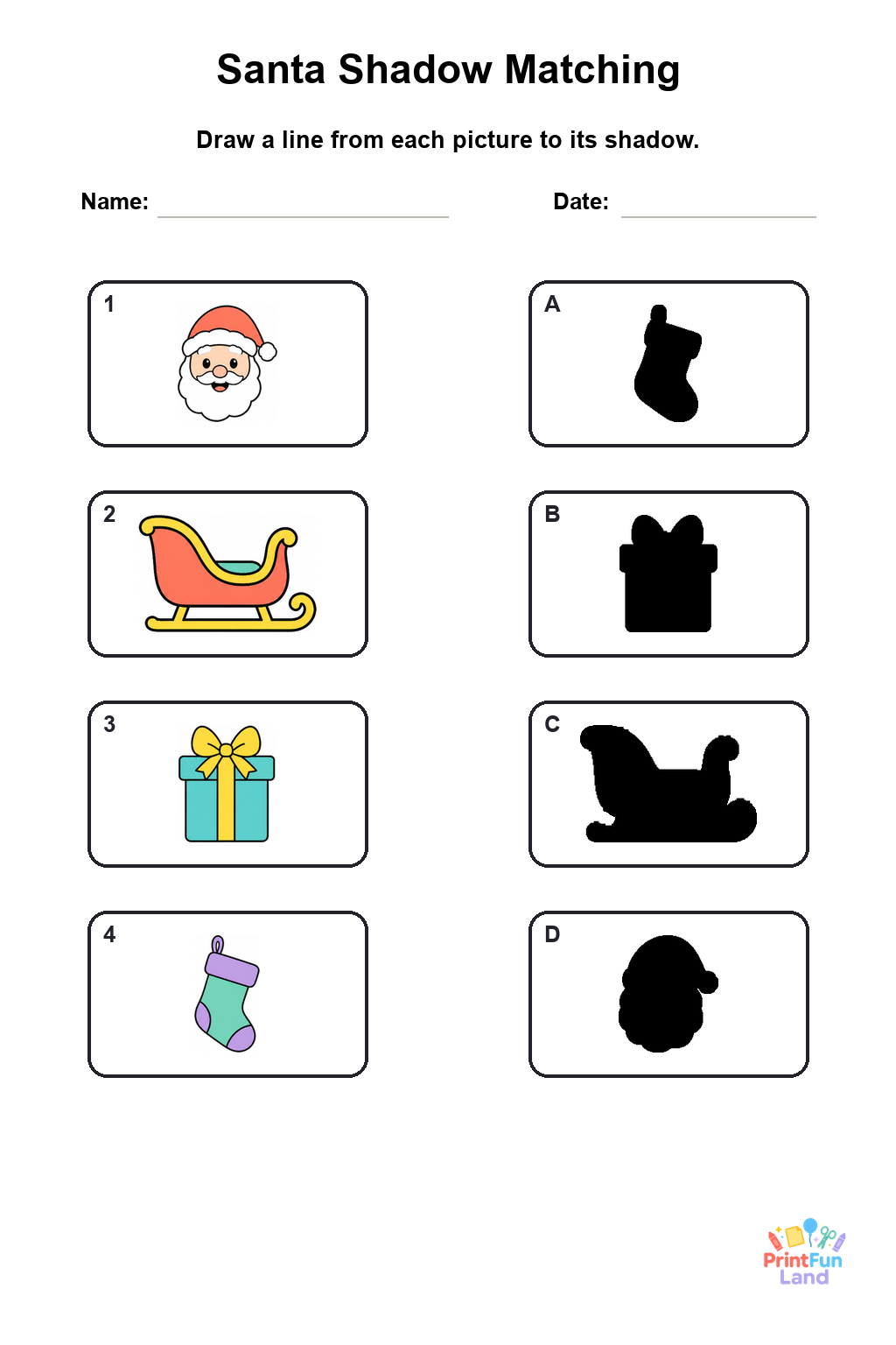 Santa Matching Games for Preschoolers printable page 1
