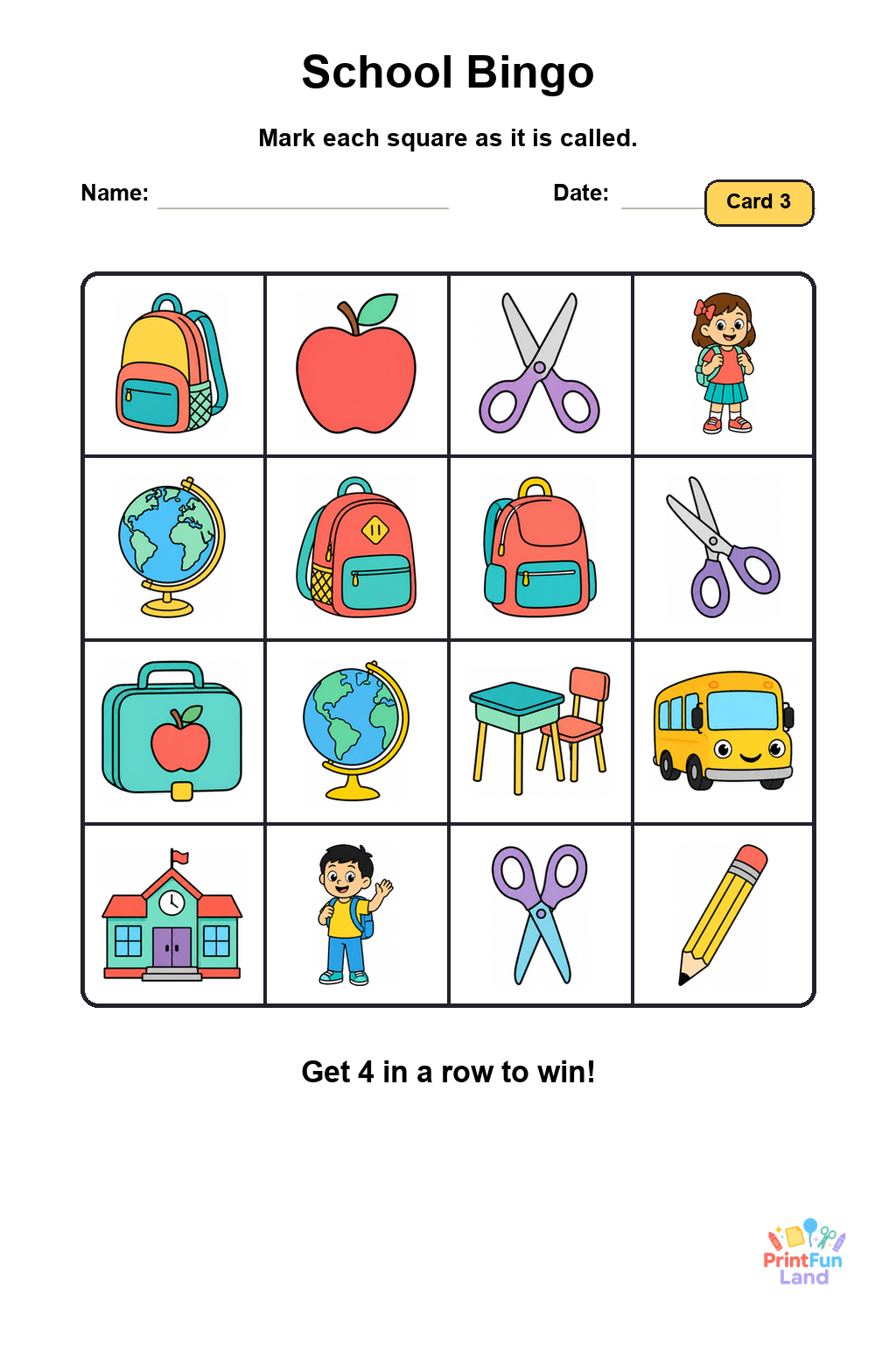 School Bingo for Preschoolers printable page 3
