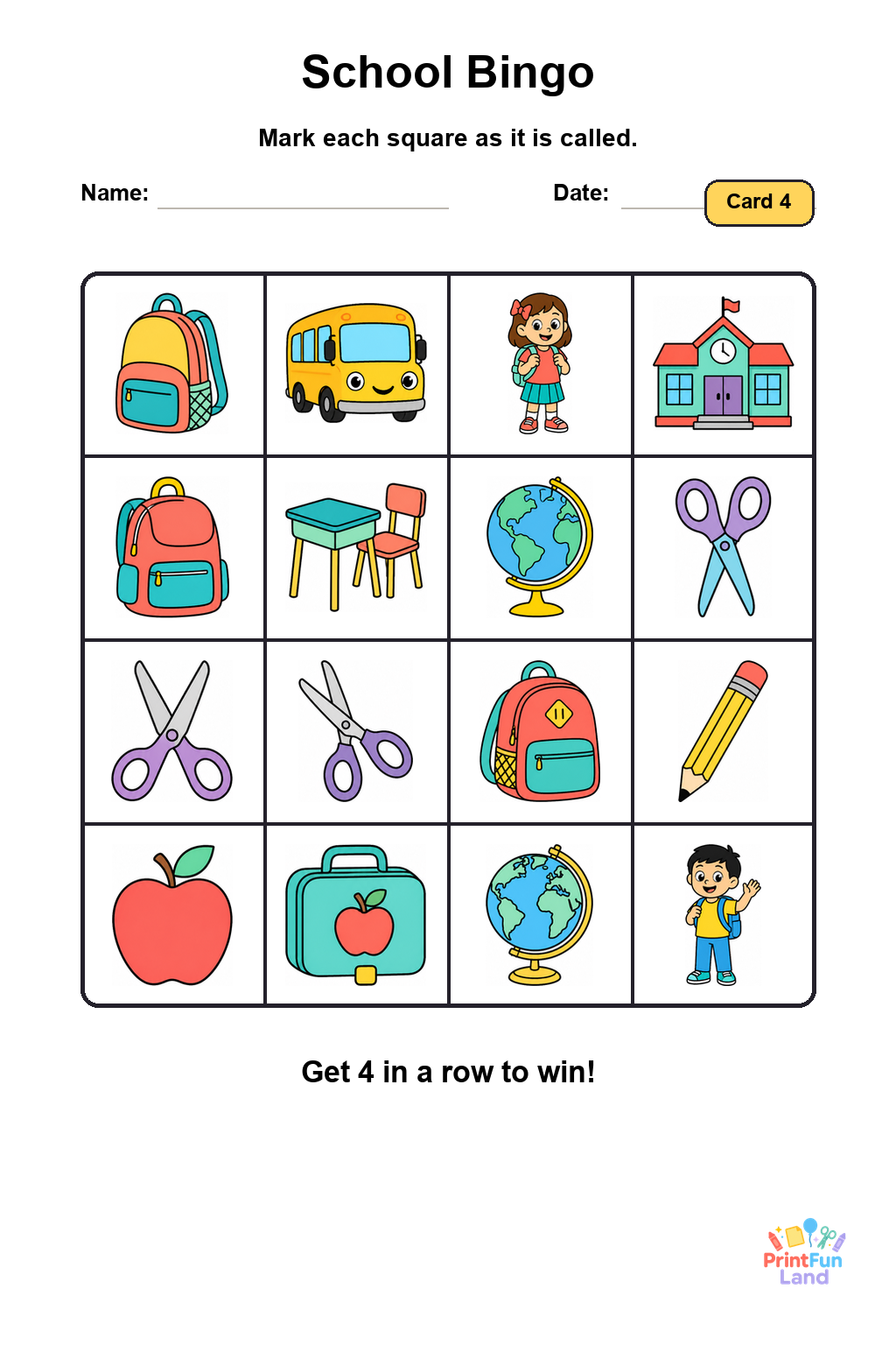 School Bingo for Preschoolers printable page 4