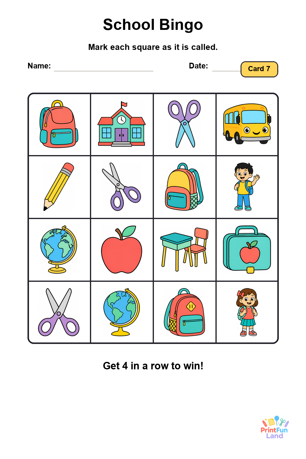 School Bingo for Preschoolers printable page 7