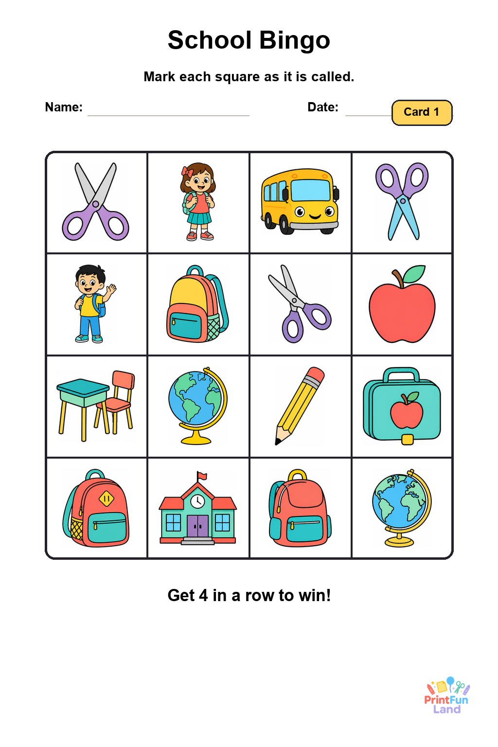 School Bingo for Preschoolers printable page 1