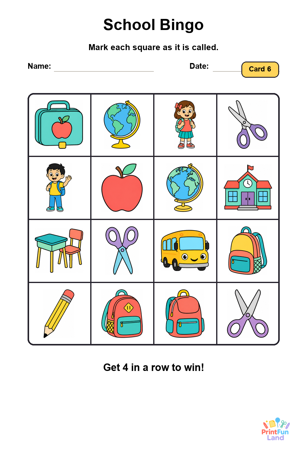 School Bingo for Preschoolers printable page 6