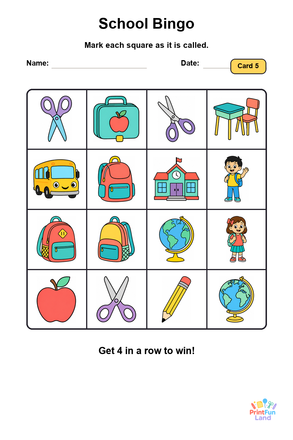 School Bingo for Preschoolers printable page 5