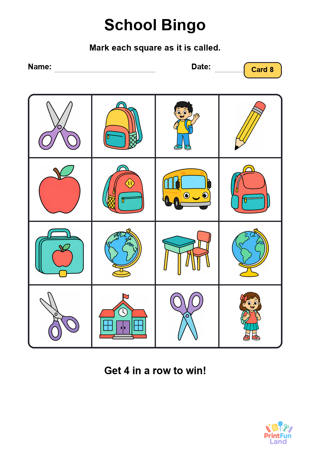 School Bingo for Preschoolers printable page 8