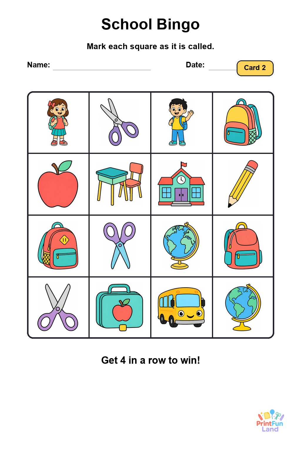 School Bingo for Preschoolers printable page 2