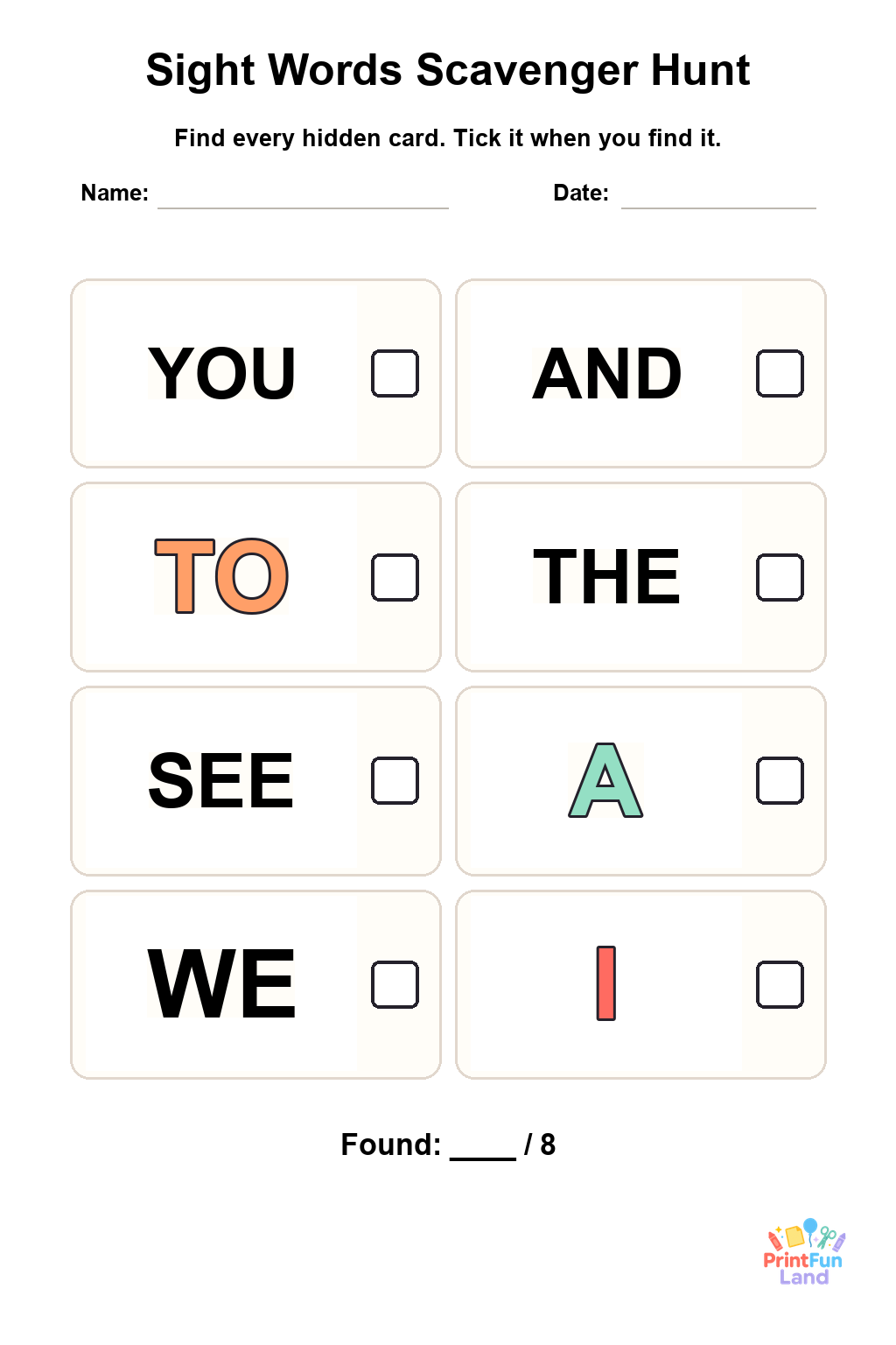 Sight Words Scavenger Hunt for Preschoolers printable page 1