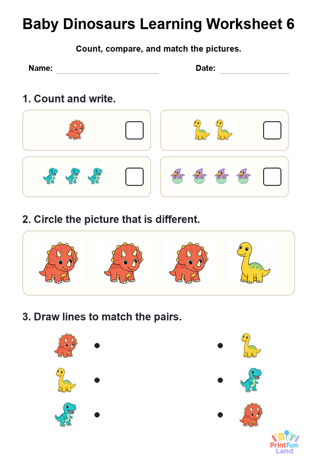 Baby Dinosaurs Worksheets for Preschoolers printable page 6