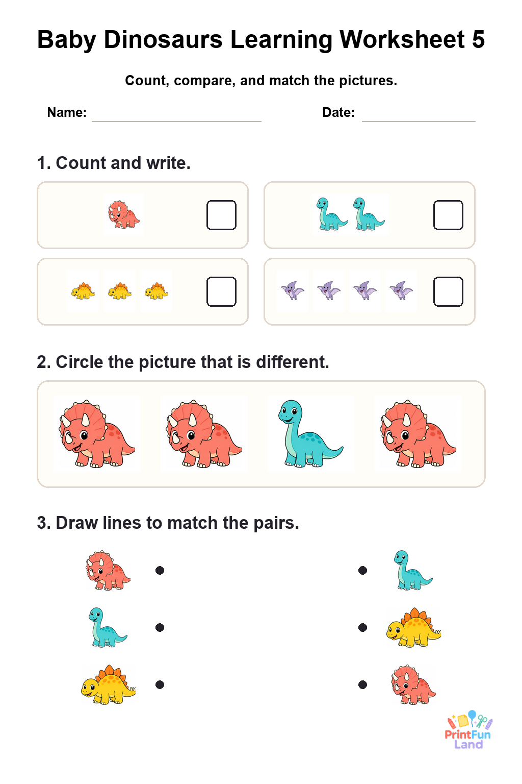 Baby Dinosaurs Worksheets for Preschoolers printable page 5