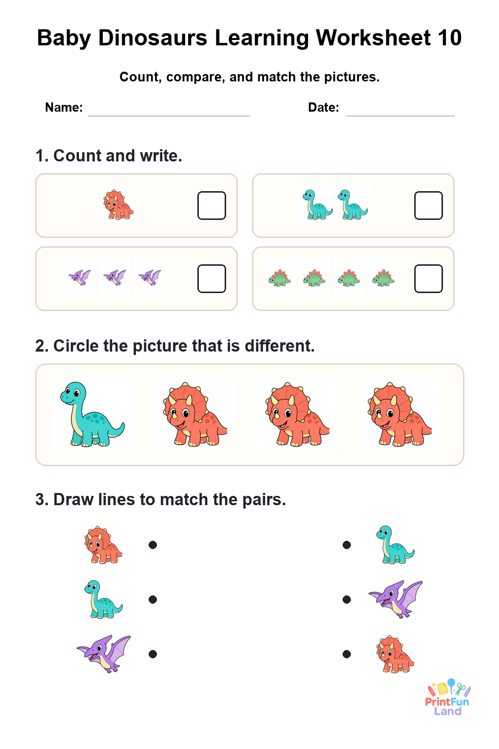Baby Dinosaurs Worksheets for Preschoolers printable page 10