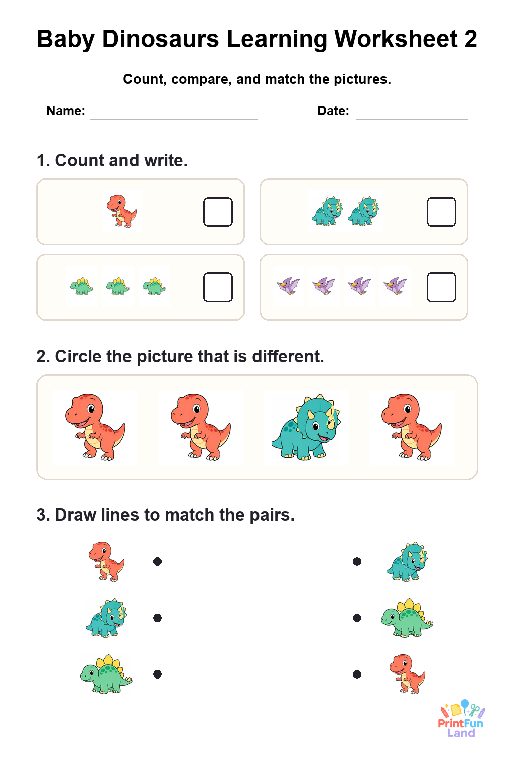 Baby Dinosaurs Worksheets for Preschoolers printable page 2