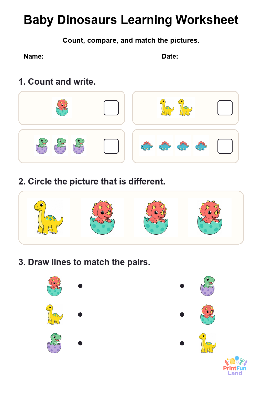 Baby Dinosaurs Worksheets for Preschoolers printable page 1