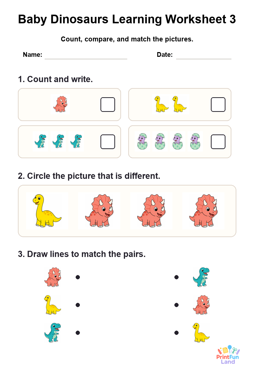 Baby Dinosaurs Worksheets for Preschoolers printable page 3